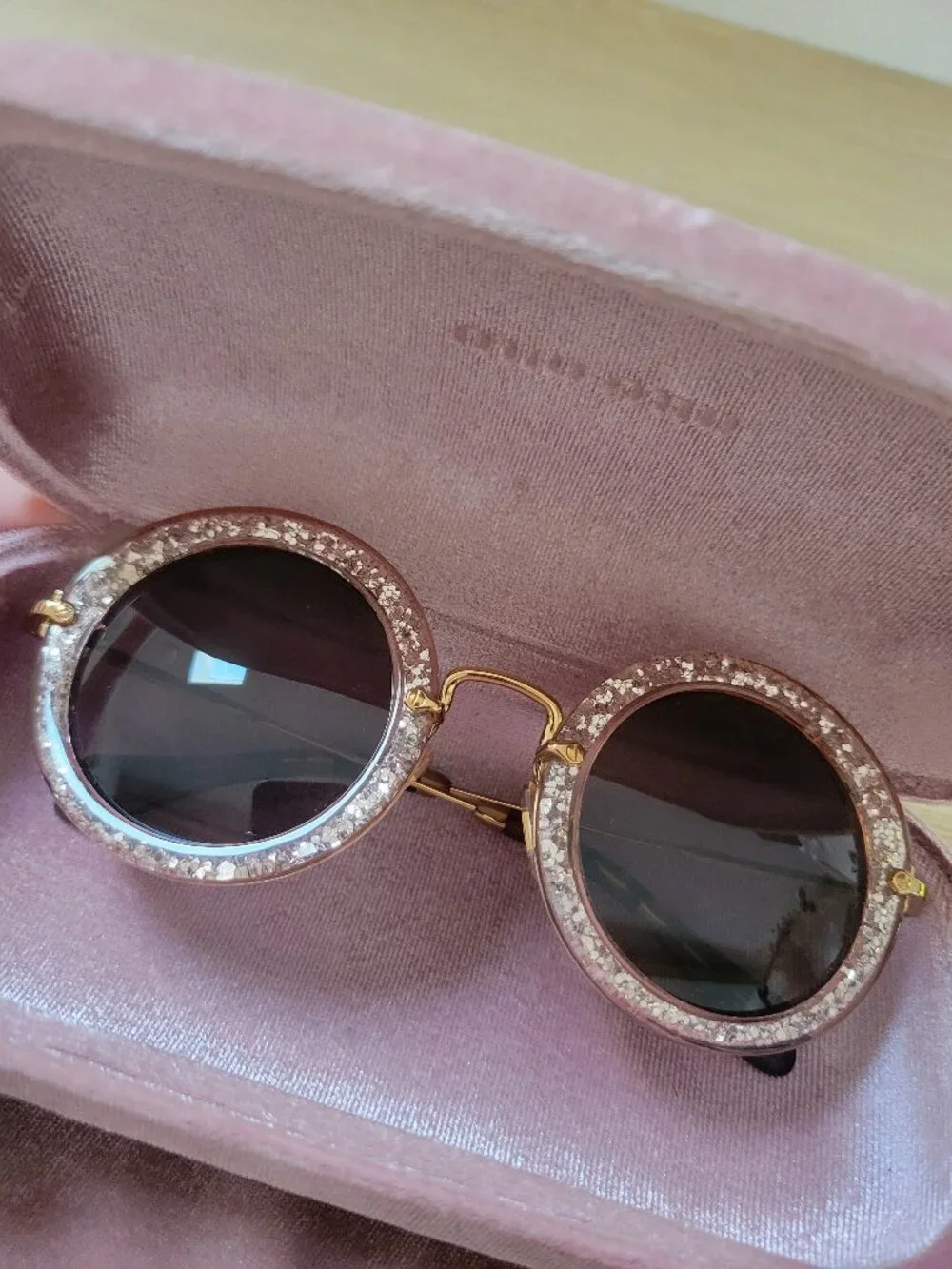 Miu Miu SMU 13N Round Glitter Sunglasses TKB-6X1 with Case & Pouch